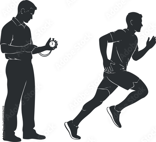 A silhouette of a coach using a stopwatch and an athlete running in black and white vector style, suitable for health and fitness promotions