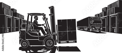 Forklift loading pallet of boxes near truck at warehouse dock