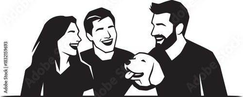 Happy diverse group of friends laughing with a dog