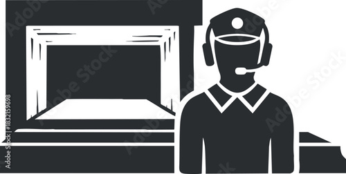 A call center operator wearing a headset in black and white vector style, suitable for customer service illustrations