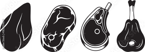 Collection of various raw meat cuts in a simple black and white illustration
