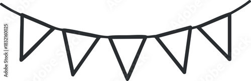 A festive bunting banner with triangular flags in a simple black and white outline vector style, perfect for event decorations