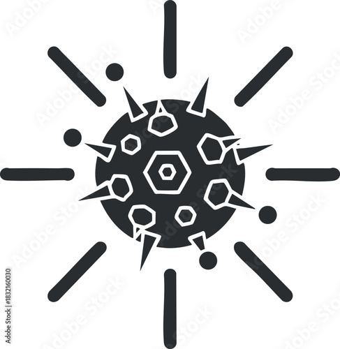 A stylized virus illustration in black outline vector style, suitable for health-related graphics and educational materials