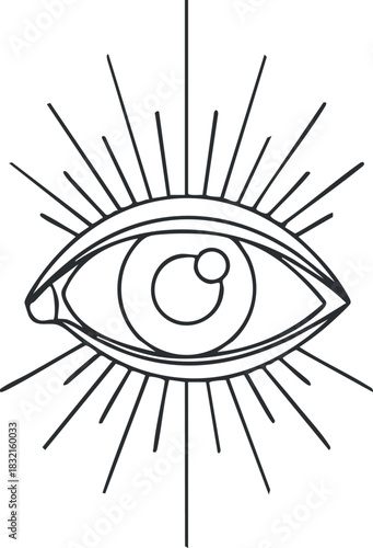 An eye symbol with rays emanating from it in minimalist outline vector style, suitable for spiritual and mystical themes