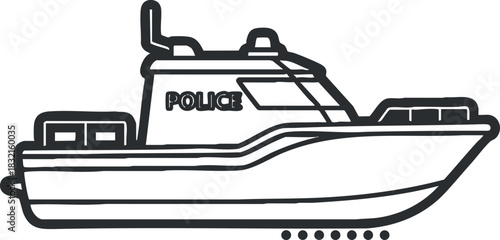 A police boat illustration in black and white outline vector style, suitable for law enforcement graphics and educational materials