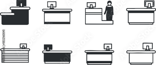 A set of reception desks and workstations in flat black and white vector style, suitable for office interior design projects