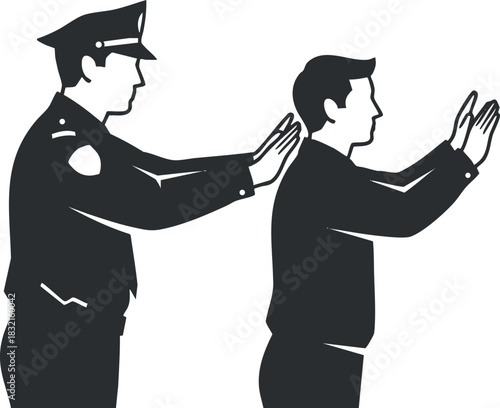 A police officer arresting a suspect in black and white minimalist vector style, ideal for law enforcement illustrations