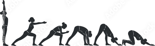 A collection of yoga poses in black silhouette vector style, suitable for fitness and wellness branding
