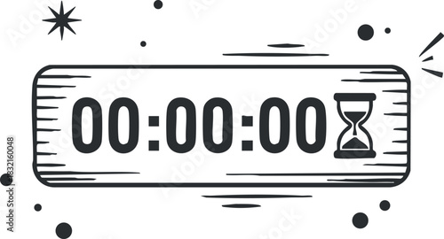 A digital countdown timer with hourglass symbol in black and white minimalist vector style, suitable for event planning and time management