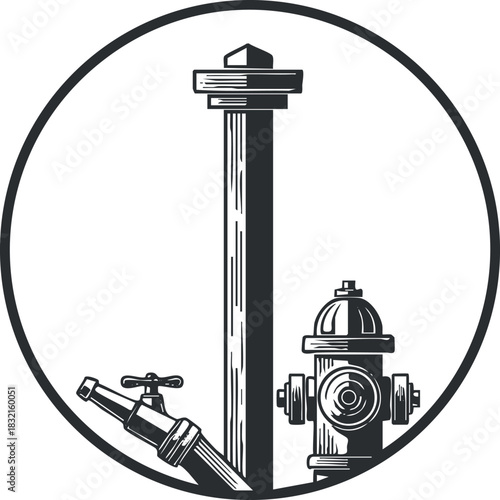 A collection of a water hydrant, pipe, and faucet in black and white vintage vector style, ideal for plumbing and utility branding