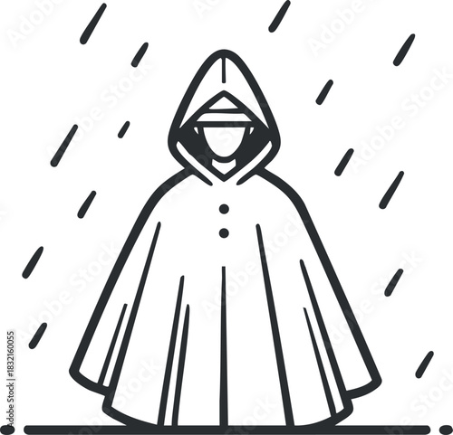 A person wearing a poncho with a hood in minimalist black and white outline vector style, ideal for weather-related themes and designs