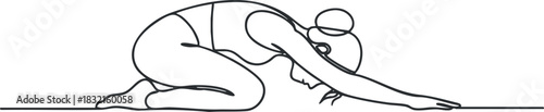 A woman practicing yoga in a stretching pose in minimalist black line art style, perfect for wellness and fitness themes