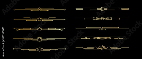 Elegant art deco borders illustration set with geometric golden line dividers on black background ideal for luxury branding templates invitations packaging design