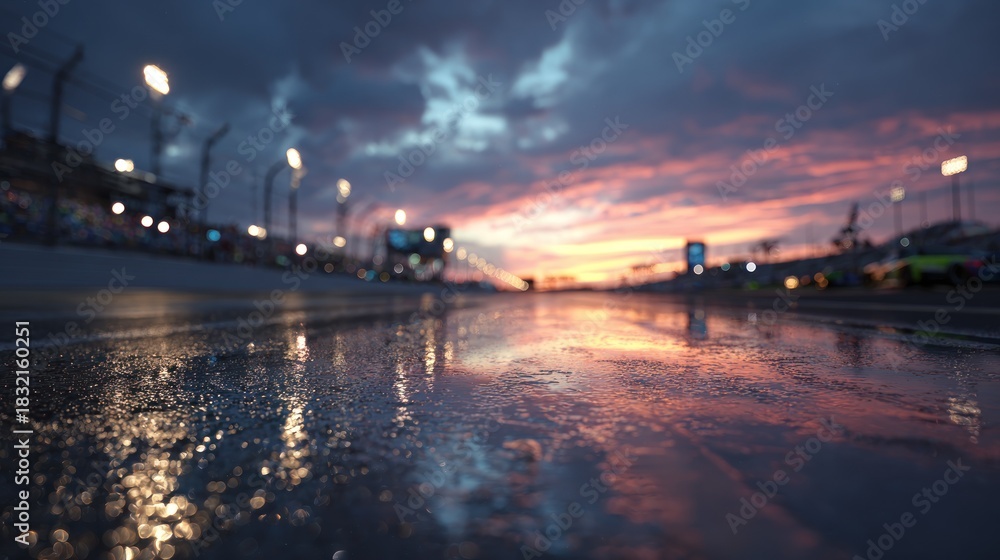 Obraz premium Racing track at sunset with reflections