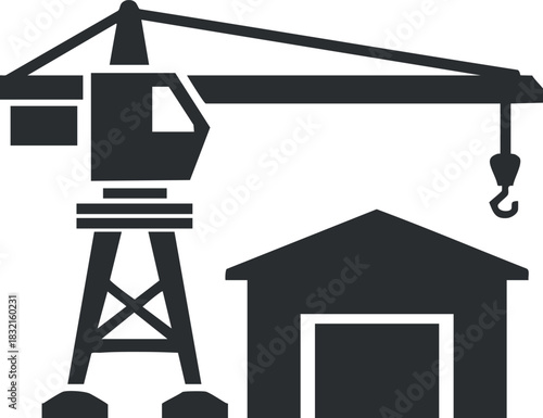 A construction crane with a hook and a warehouse building in black silhouette vector style, ideal for industry and engineering projects
