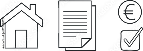 A collection of a house icon, a document with lines, and a euro sign with checkmark in minimalist outline vector style, ideal for real estate and financial services