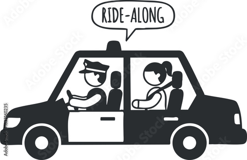 A police car with a driver and passenger in minimalist black and white vector style, perfect for community engagement themes