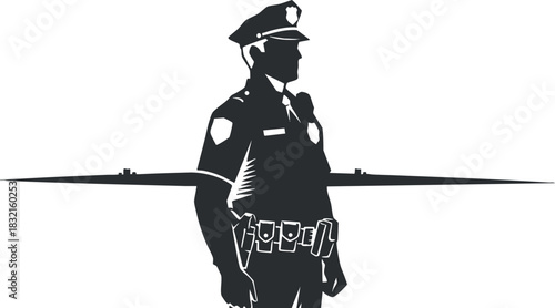 A silhouette of a police officer in black and white minimalist vector style, ideal for law enforcement themes and public safety designs