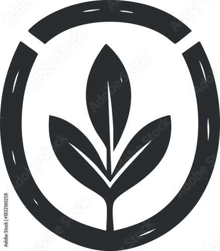 A stylized leaf symbol within a circular frame in a modern minimalist vector style, suitable for eco-friendly branding