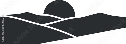 A minimalist vector illustration of a sunset over rolling hills in black and white, perfect for nature-themed designs