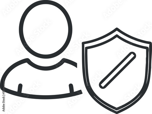 An outline illustration of a user profile next to a security shield in minimalist vector style, suitable for cybersecurity applications