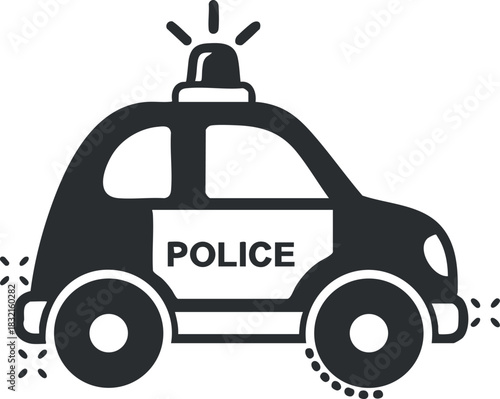 A police car with a siren in flat black and white vector style, ideal for law enforcement graphics and public safety designs