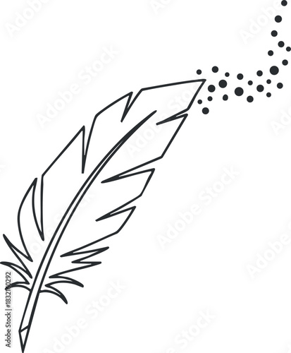 A decorative feather quill with ink splashes in a minimalist black outline vector style, perfect for artistic and literary themes