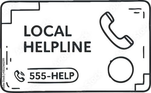 A local helpline graphic with a phone and contact number in minimalist outline vector style, ideal for community outreach and support services