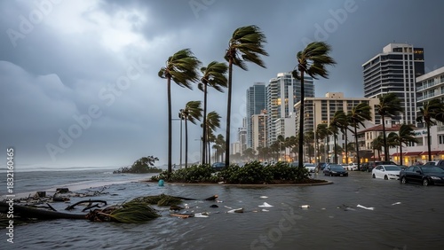 Coastal city skyline during storm surge