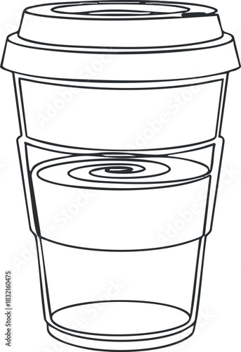 A takeaway coffee cup with a lid in minimalist outline vector style, ideal for cafe branding and beverage design