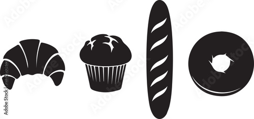 Simple black and white illustration of bakery items including a croissant muffin baguette and donut