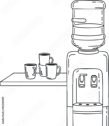 A water cooler with cups on a table in a minimalist black and white vector style, ideal for office environments