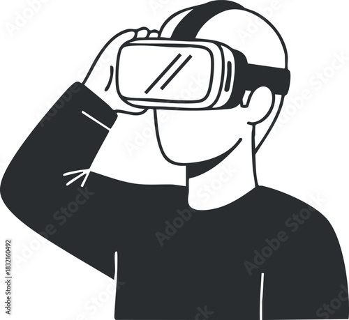 A person wearing a virtual reality headset in a black and white minimalist vector style, ideal for technology and gaming projects