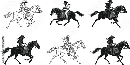 Horse Rider Silhouettes in Galloping Motion, Western Attire, Wide-Brimmed Hat, Dynamic Poses, Black-and-White Scene, Cowboy Theme, Equine Biomechanics, Speed