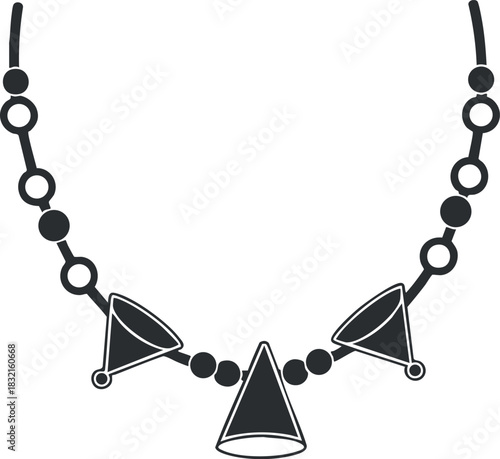 A geometric necklace featuring triangle and round beads in black and white vector style, suitable for fashion design and branding