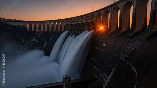 Dam structure with water flowing and sunset glow