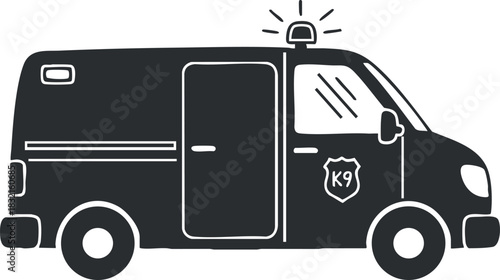 A side view of a police K9 vehicle with a siren in black and white vector style, suitable for law enforcement graphics