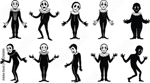 Mime Silhouettes with Expressive Gestures and White Makeup, Emotional Poses, Theatrical Character, Black Figures, Performance Art, Sadness, Confusion, Drama