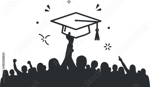 A silhouette of a cheering crowd celebrating graduation with a student holding a cap and diploma in black vector style, ideal for education events and promotions