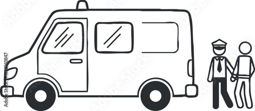 A police officer escorting a suspect to a police van in black and white outline vector style, suitable for law enforcement graphics