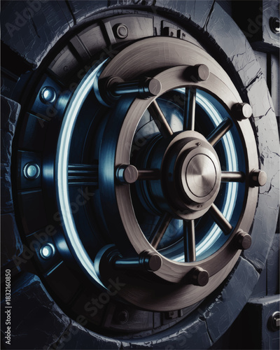 Futuristic steel bank vault door with blue neon light, secure metal wheel lock, high tech cybersecurity and financial security concept