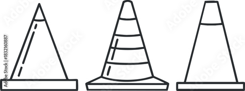 A set of three traffic cones in black and white outline vector style, ideal for construction and safety signage