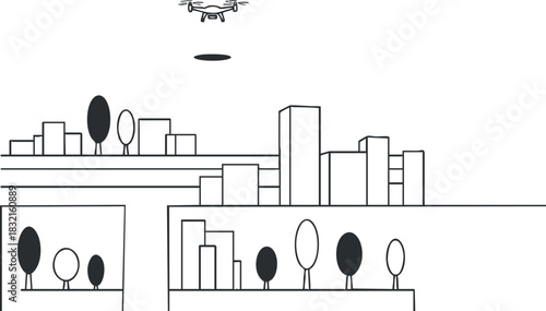 A minimalist illustration of a city skyline with trees and a flying drone in black and white vector style, suitable for technology and urban design projects