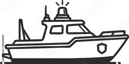 A police patrol boat illustration in black and white outline vector style, ideal for maritime safety and security projects