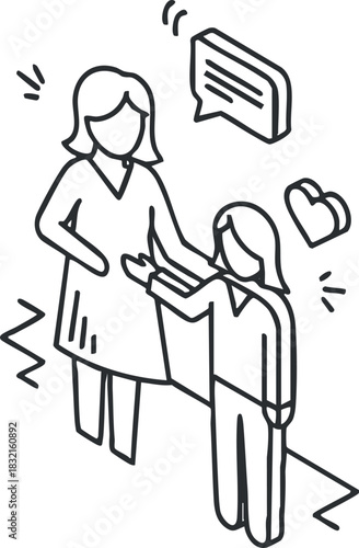 A woman and child engaging in conversation in minimalist line art vector style, ideal for educational or parenting themes
