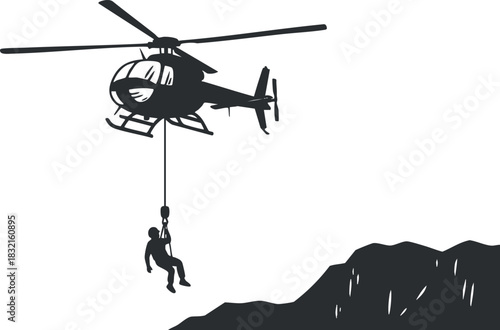 A helicopter performing a rescue operation with a person being lowered to the ground in black and white vector style, suitable for adventure and emergency services graphics
