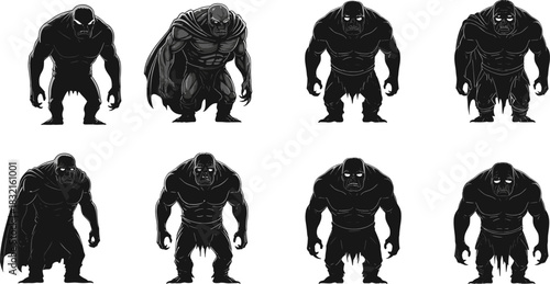 Muscular Creature Silhouettes with Capes, Gothic Fantasy Characters, Menacing Expressions, Stylized Poses, Black-and-White Concept Art, Comic Design, Hero-Villain Archetype