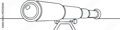 A telescope in minimalist black and white outline vector style, ideal for educational and scientific projects