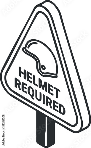 A helmet required warning sign in black and white vector style, suitable for construction safety guidelines and workplace signage