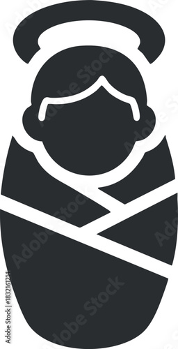 A simple black and white vector illustration of a swaddled baby with a halo, ideal for parenting and childcare themes